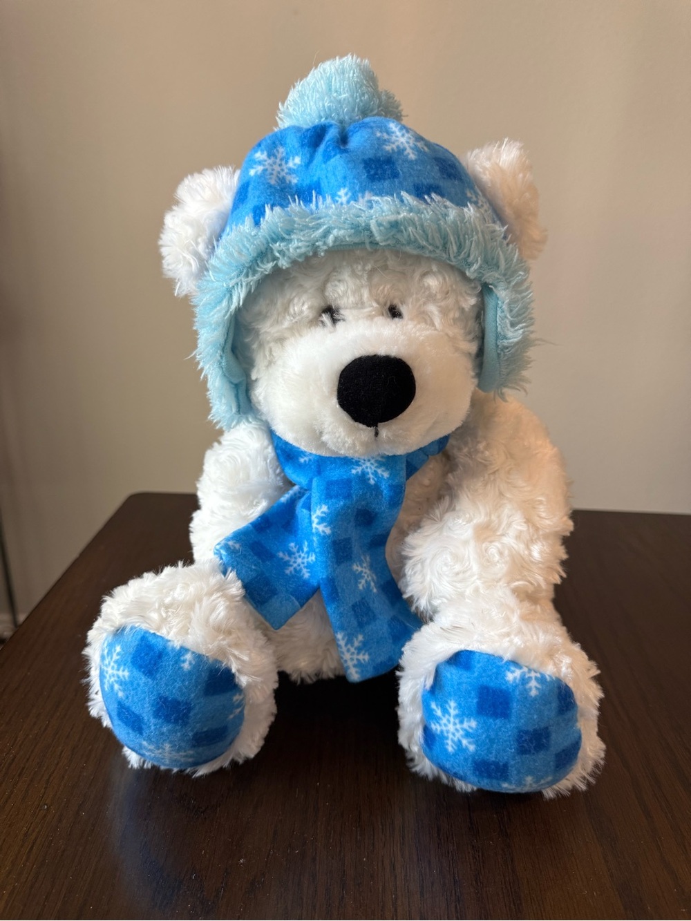 Hugfun International White Snowflake Teddy Bear 18" Plush Blue Hat Scarf Toy